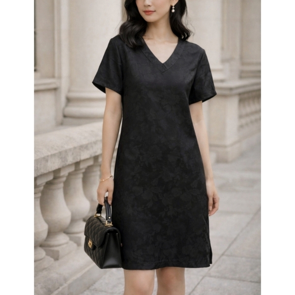 Source Unknown Dresses & Skirts - Black Asian Mulberry Silk Spandex V-Neck Short Sleeve Shift Dress, Small Medium